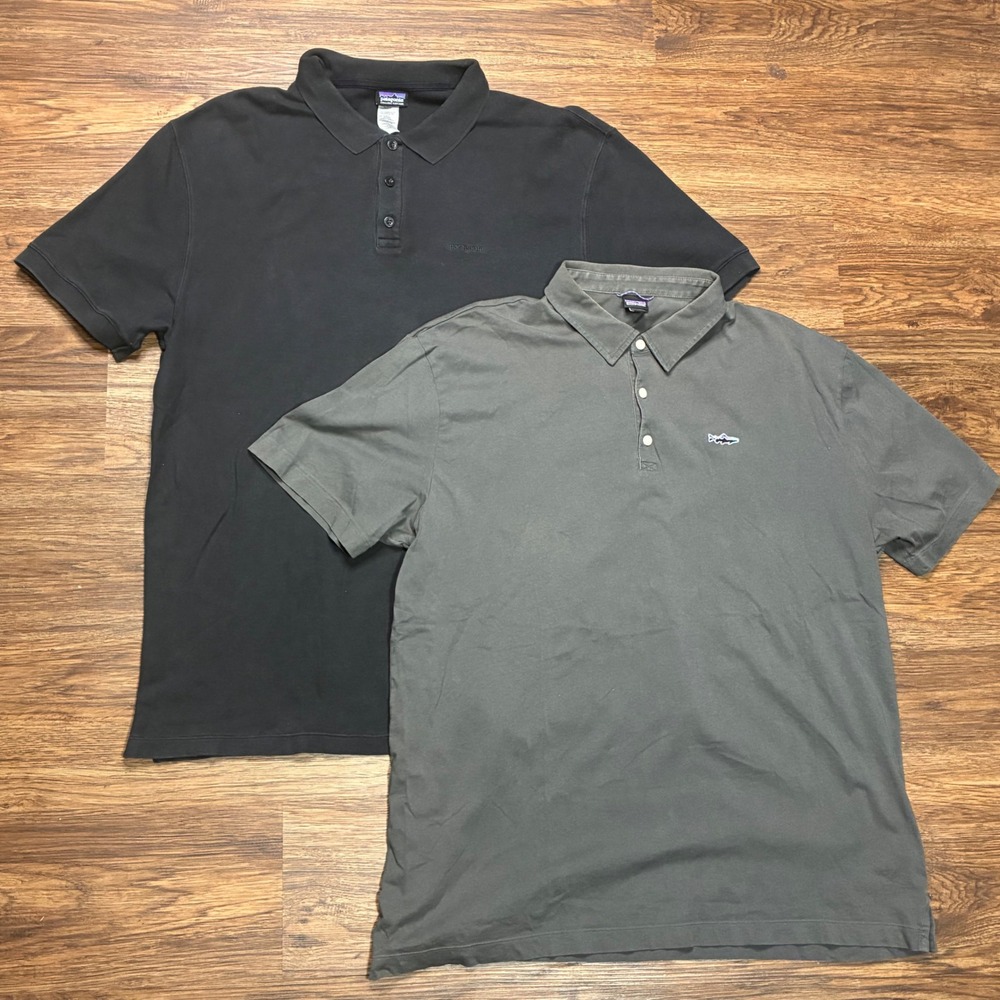 Patagonia Organic Cotton Polo Shirts Mens XL Black Gray Trout Logo Lot of 2